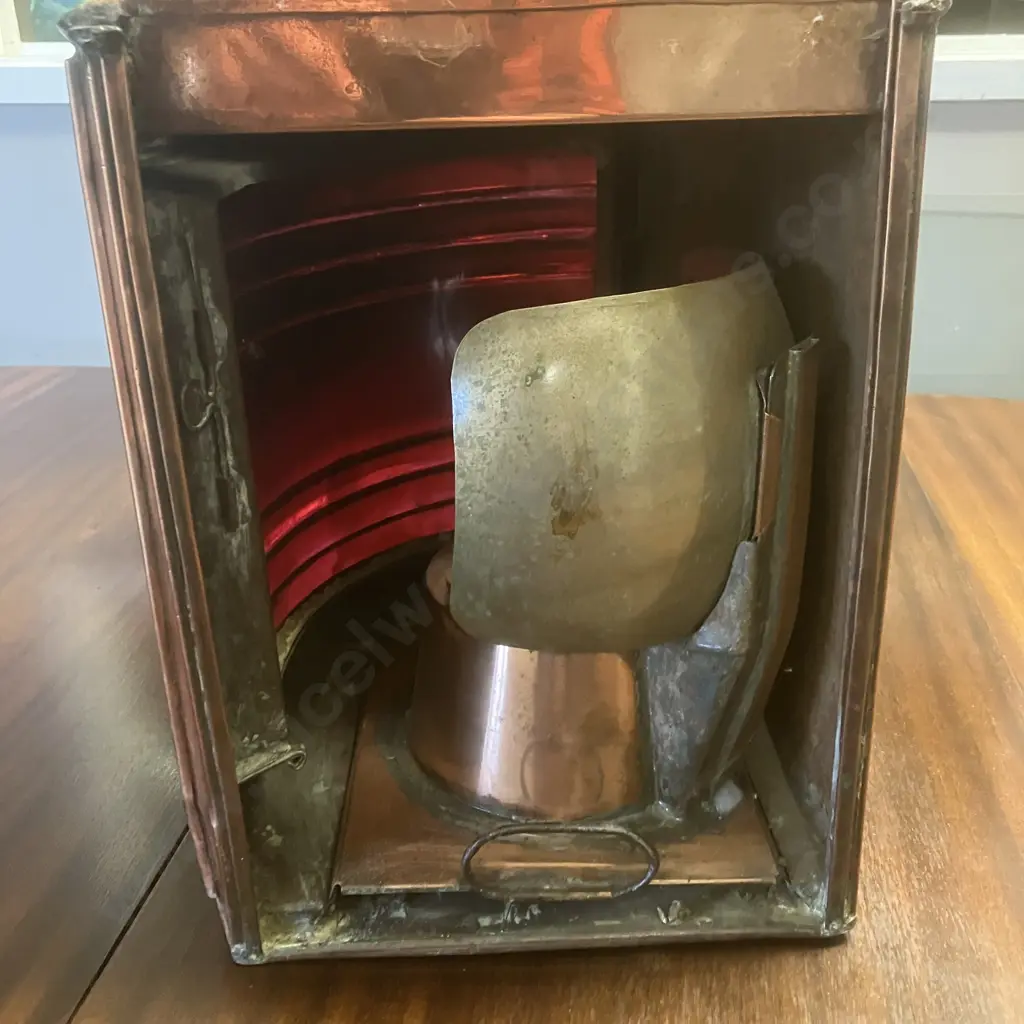 Vintage British Made Nautical Port Side Copper Lantern With Oil Pod -Smith Bridge Works Newcastle. H56cm Image 1++
