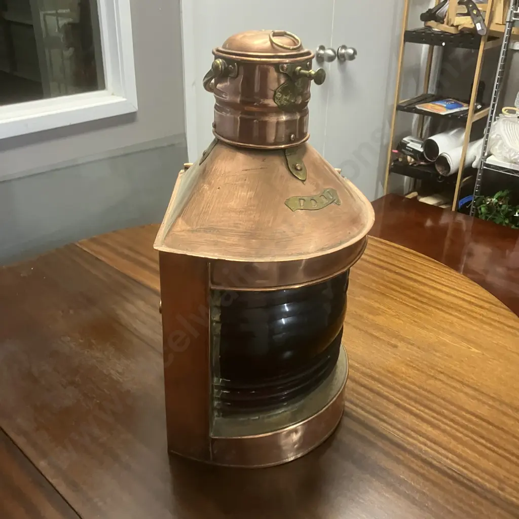 Vintage British Made Nautical Port Side Copper Lantern With Oil Pod -Smith Bridge Works Newcastle. H56cm Image 1++