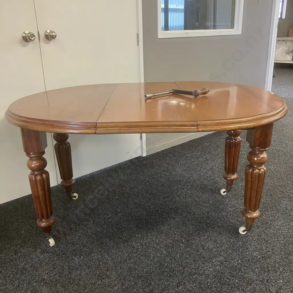 Antique Mahogany Single Leaf Crank Extension Dining Table With Turned Legs & White Porcelain Castors, Thumb Molded Edge Image 1++