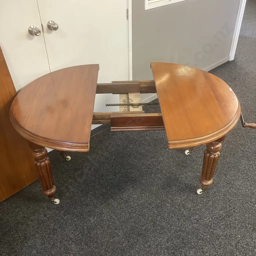 Antique Mahogany Single Leaf Crank Extension Dining Table With Turned Legs & White Porcelain Castors, Thumb Molded Edge Image 1++