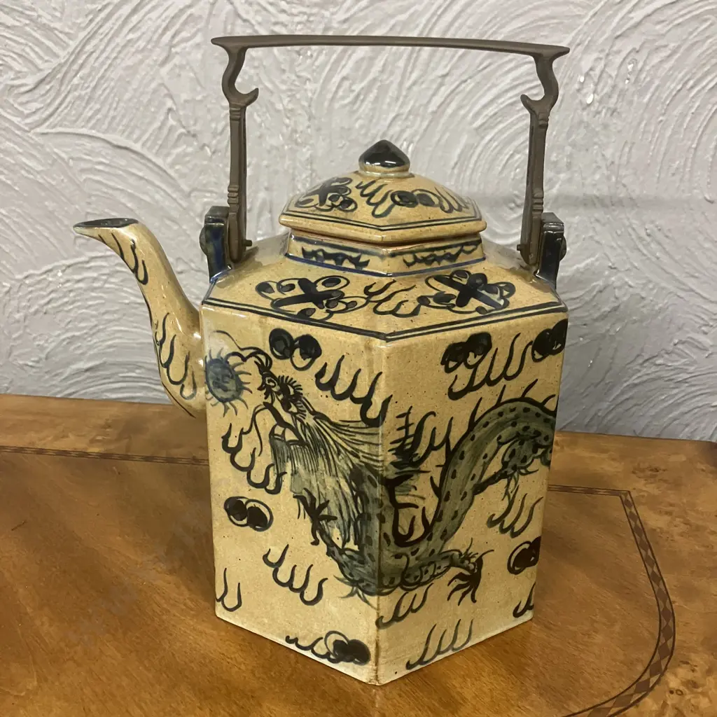 Large Thai Brown-Blue Dragon Patterned Vintage Hexagonal Teapot with Brass Handle. H31cm Image 1++