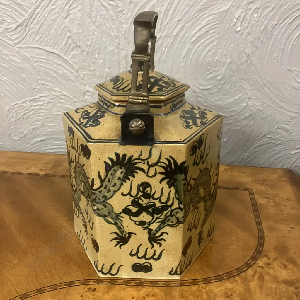 Large Thai Brown-Blue Dragon Patterned Vintage Hexagonal Teapot with Brass Handle. H31cm Image 1++