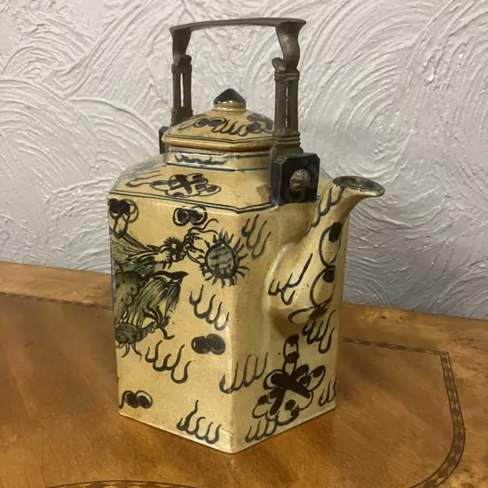 Large Thai Brown-Blue Dragon Patterned Vintage Hexagonal Teapot with Brass Handle. H31cm