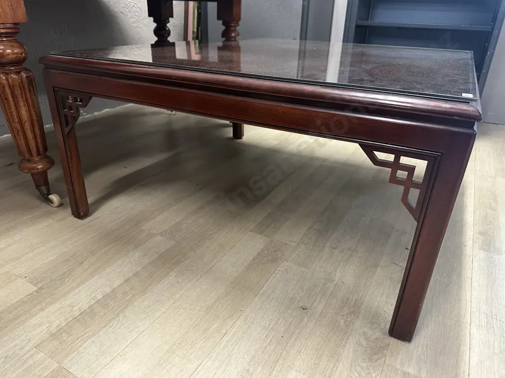 WADES England Mahogany Canton Coffee Table, Fretted Angles On Square Legs With Glass Top. H47 W95 D96cm Image 1++