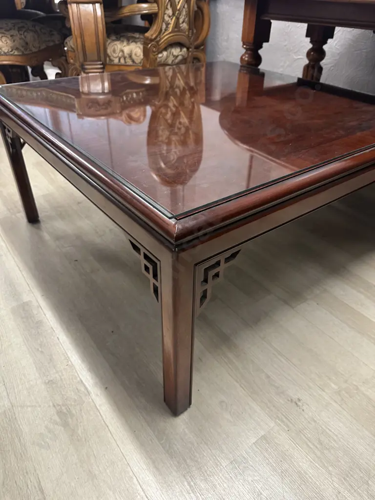 WADES England Mahogany Canton Coffee Table, Fretted Angles On Square Legs With Glass Top. H47 W95 D96cm Image 1++
