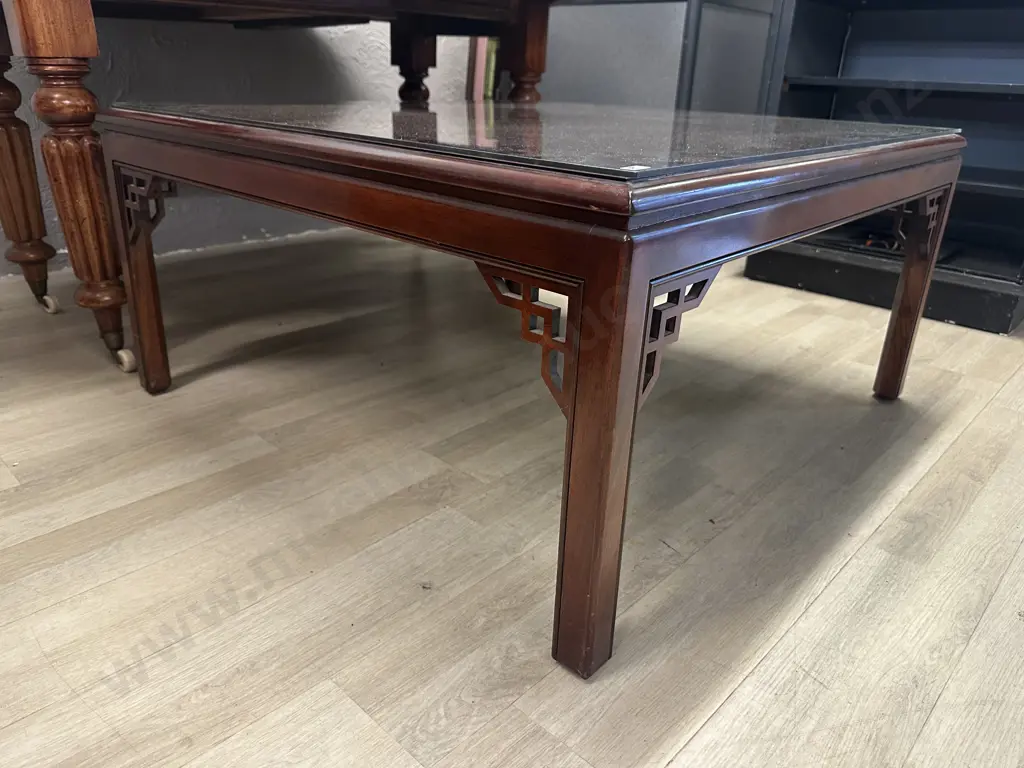 WADES England Mahogany Canton Coffee Table, Fretted Angles On Square Legs With Glass Top. H47 W95 D96cm Image 1++