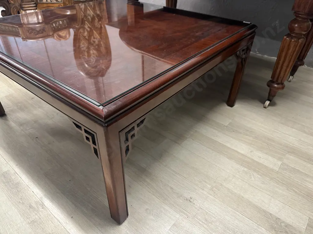 WADES England Mahogany Canton Coffee Table, Fretted Angles On Square Legs With Glass Top. H47 W95 D96cm Image 1++