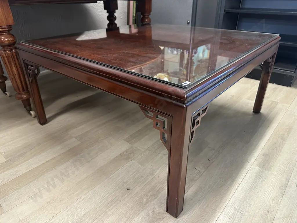 WADES England Mahogany Canton Coffee Table, Fretted Angles On Square Legs With Glass Top. H47 W95 D96cm Image 1++