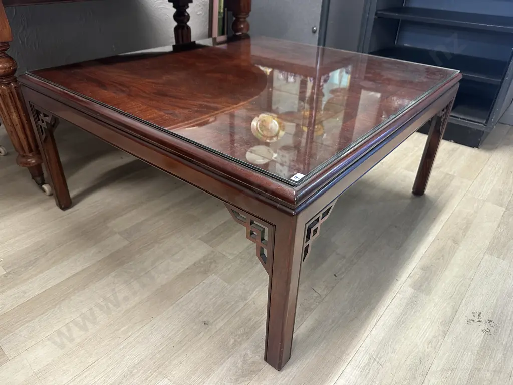 WADES England Mahogany Canton Coffee Table, Fretted Angles On Square Legs With Glass Top. H47 W95 D96cm Image 1++