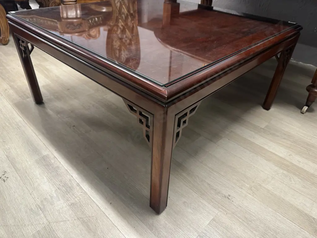 WADES England Mahogany Canton Coffee Table, Fretted Angles On Square Legs With Glass Top. H47 W95 D96cm Image 1++