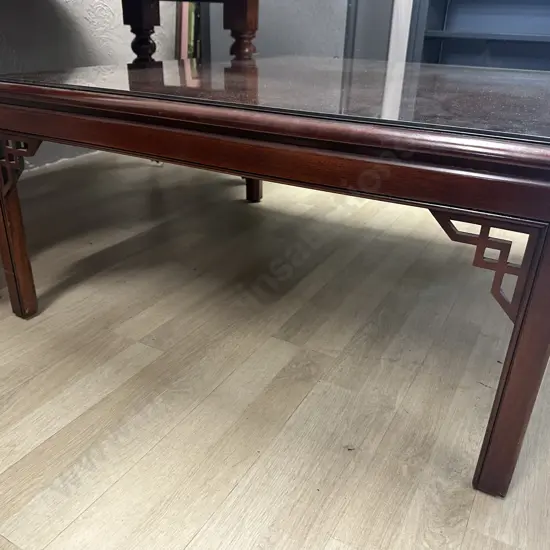 WADES England Mahogany Canton Coffee Table, Fretted Angles On Square Legs With Glass Top. H47 W95 D96cm
