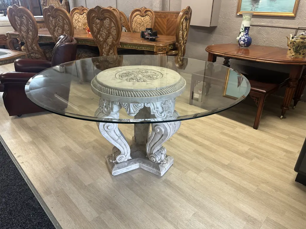 Round Glass Top Dining / Entrance Table Neoclassic Style Concrete Base. 78.5 x 152cm Image 1++