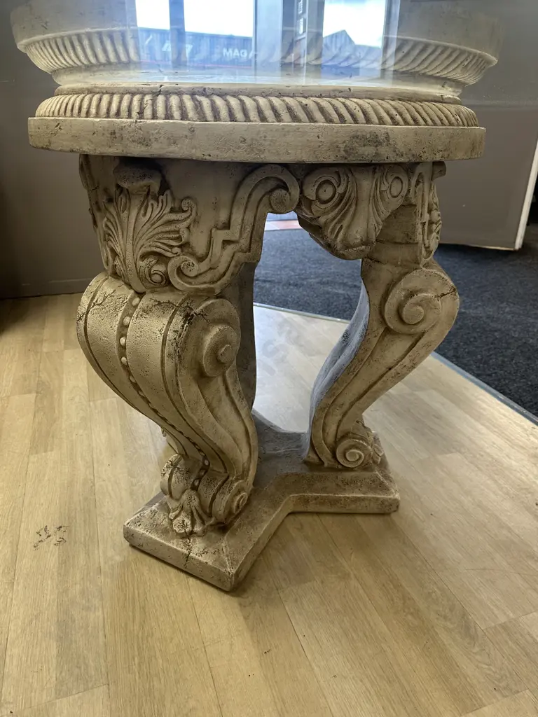 Round Glass Top Dining / Entrance Table Neoclassic Style Concrete Base. 78.5 x 152cm Image 1++