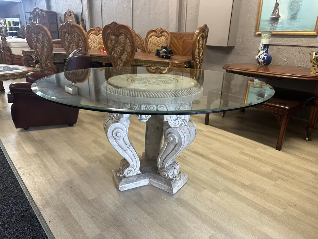 Round Glass Top Dining / Entrance Table Neoclassic Style Concrete Base. 78.5 x 152cm Image 1++
