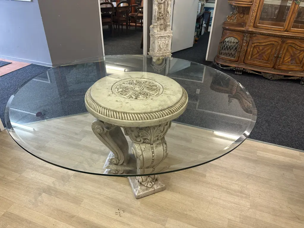 Round Glass Top Dining / Entrance Table Neoclassic Style Concrete Base. 78.5 x 152cm Image 1++