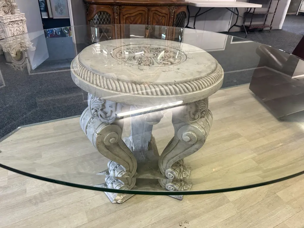 Round Glass Top Dining / Entrance Table Neoclassic Style Concrete Base. 78.5 x 152cm Image 1++