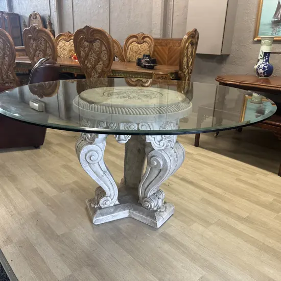 Round Glass Top Dining / Entrance Table Neoclassic Style Concrete Base. 78.5 x 152cm