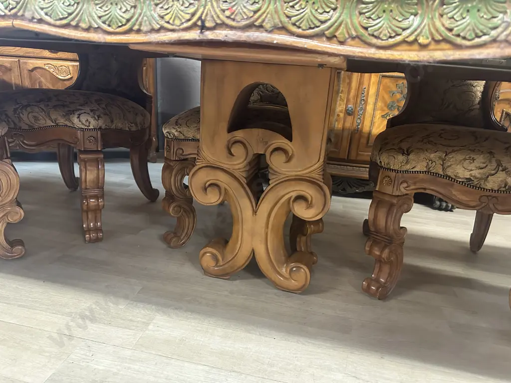 AICO by Michael Amini Venetian Honey Walnut 9 Piece Dining Suite, Includes 2 Carvers & 6 Side Chairs, 3 Extension Leaves Image 1++