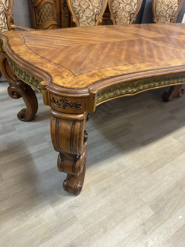 AICO by Michael Amini Venetian Honey Walnut 9 Piece Dining Suite, Includes 2 Carvers & 6 Side Chairs, 3 Extension Leaves Image 1++