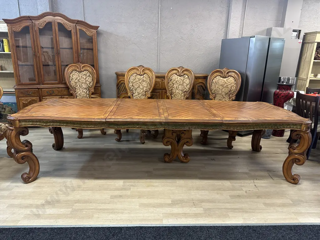 AICO by Michael Amini Venetian Honey Walnut 9 Piece Dining Suite, Includes 2 Carvers & 6 Side Chairs, 3 Extension Leaves Image 1++