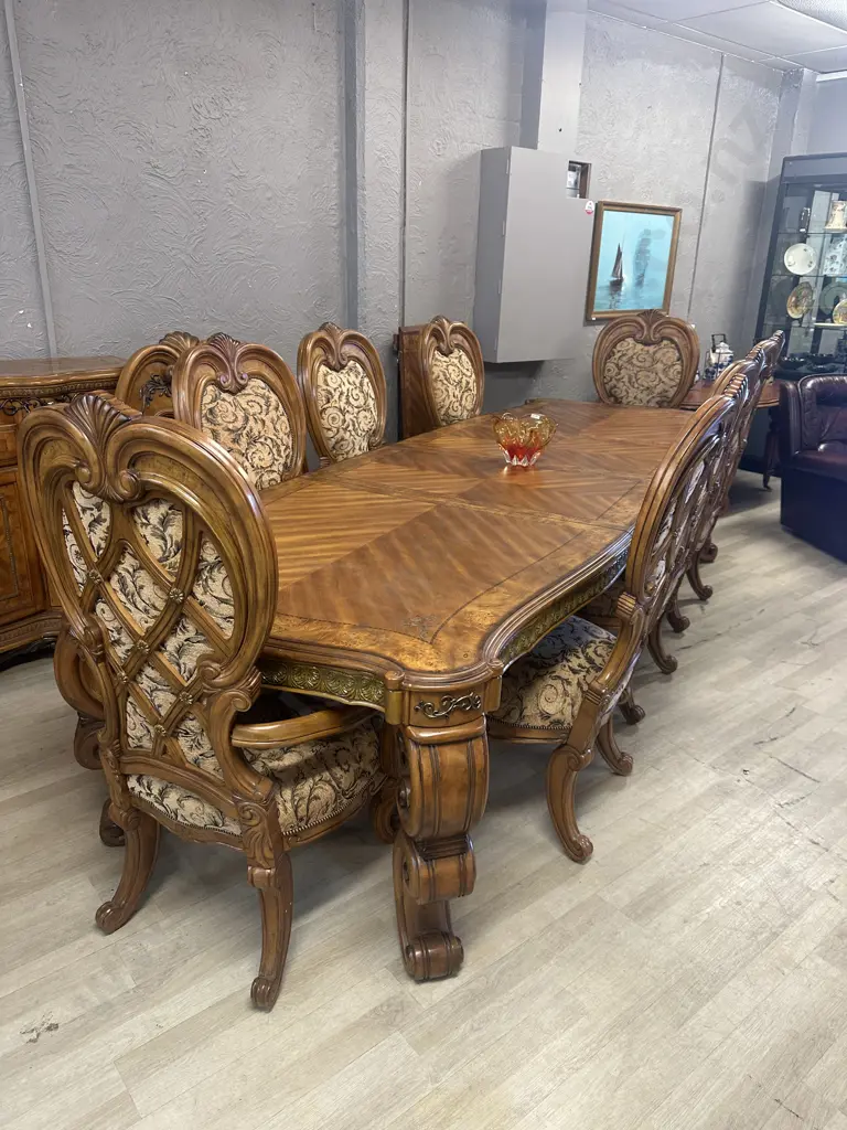 AICO by Michael Amini Venetian Honey Walnut 9 Piece Dining Suite, Includes 2 Carvers & 6 Side Chairs, 3 Extension Leaves Image 1++