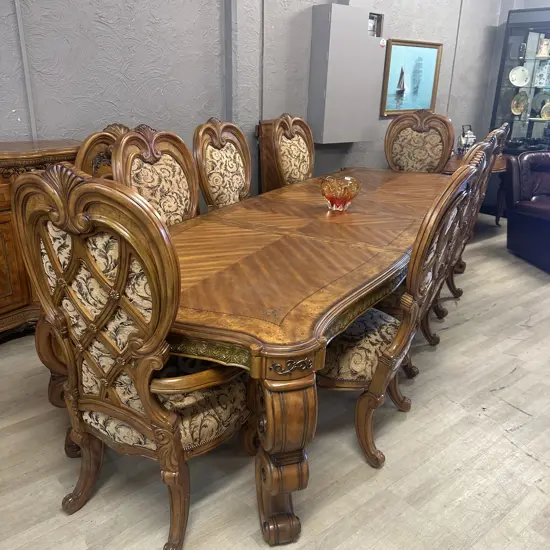 AICO by Michael Amini Venetian Honey Walnut 9 Piece Dining Suite, Includes 2 Carvers & 6 Side Chairs, 3 Extension Leaves