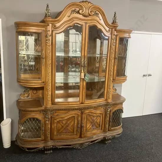 AICO by Michael Amini Venetian Honey Walnut Buffet With China Cabinet Top
