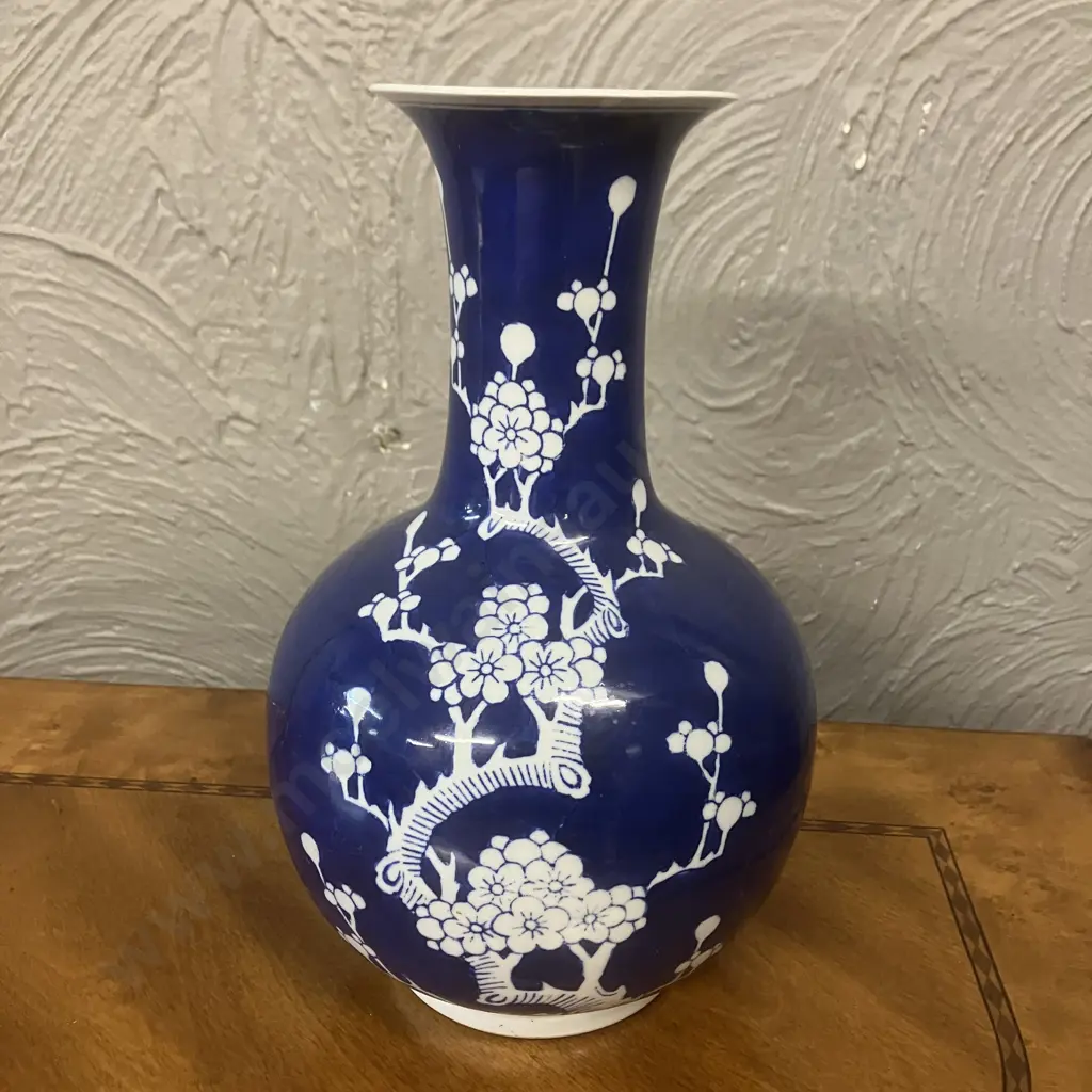Chinese Jingdezhen Kiln Prunus "Cherry Blossoms" Porcelain Blue Glaze Vase. H28.5cm Image 1++