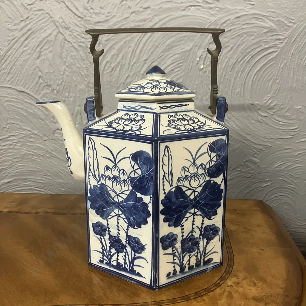 Large Thai Blue-White Floral Patterned Vintage Hexagonal Teapot with Brass Handle. H31cm Image 1++