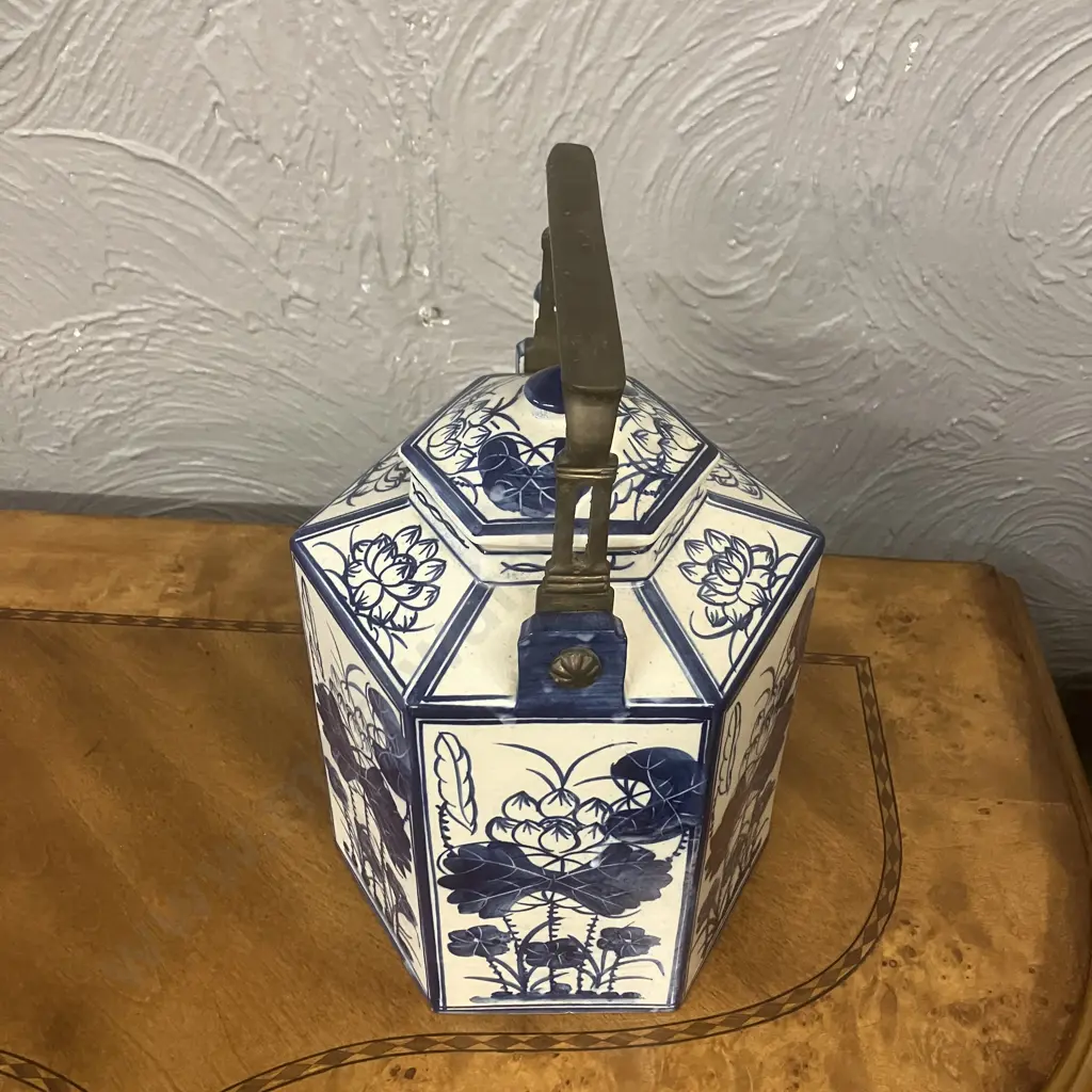 Large Thai Blue-White Floral Patterned Vintage Hexagonal Teapot with Brass Handle. H31cm Image 1++