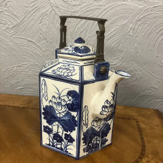 Large Thai Blue-White Floral Patterned Vintage Hexagonal Teapot with Brass Handle. H31cm