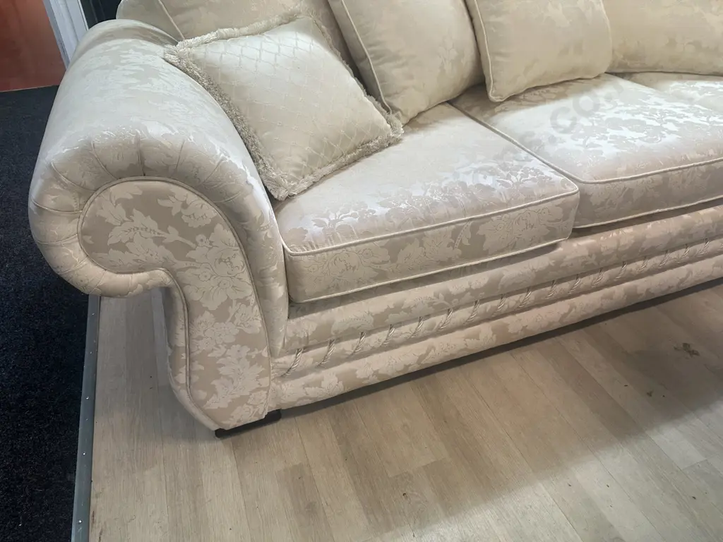 Cream Damask Fabric Rolled Arm 3 Seater & 2 Seater Sofa, Heavy Braiding At Base, Warwick Upholstery Image 1++