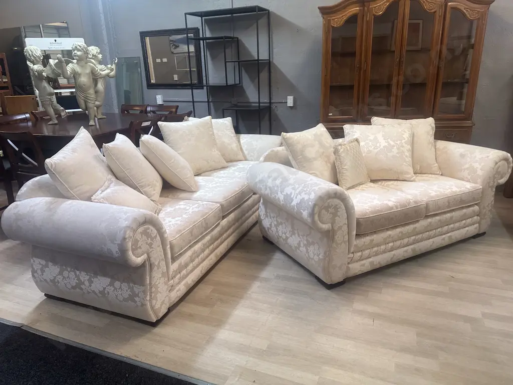 Cream Damask Fabric Rolled Arm 3 Seater & 2 Seater Sofa, Heavy Braiding At Base, Warwick Upholstery Image 1++