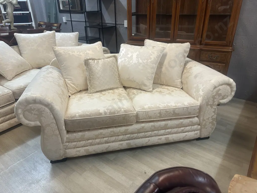 Cream Damask Fabric Rolled Arm 3 Seater & 2 Seater Sofa, Heavy Braiding At Base, Warwick Upholstery Image 1++
