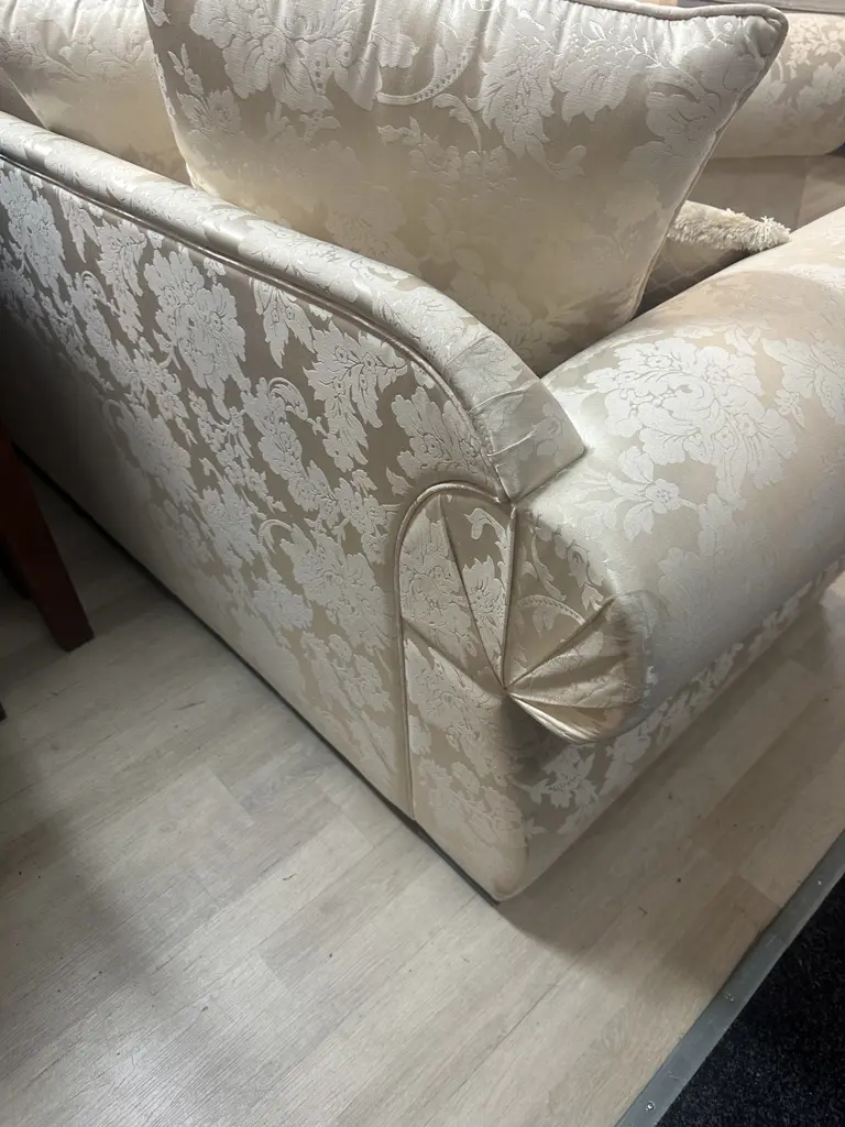 Cream Damask Fabric Rolled Arm 3 Seater & 2 Seater Sofa, Heavy Braiding At Base, Warwick Upholstery Image 1++