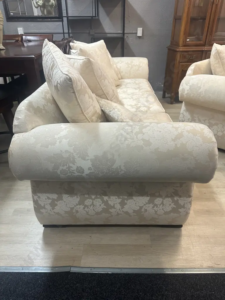 Cream Damask Fabric Rolled Arm 3 Seater & 2 Seater Sofa, Heavy Braiding At Base, Warwick Upholstery Image 1++