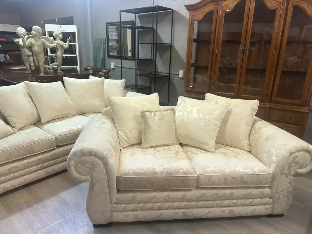 Cream Damask Fabric Rolled Arm 3 Seater & 2 Seater Sofa, Heavy Braiding At Base, Warwick Upholstery Image 1++