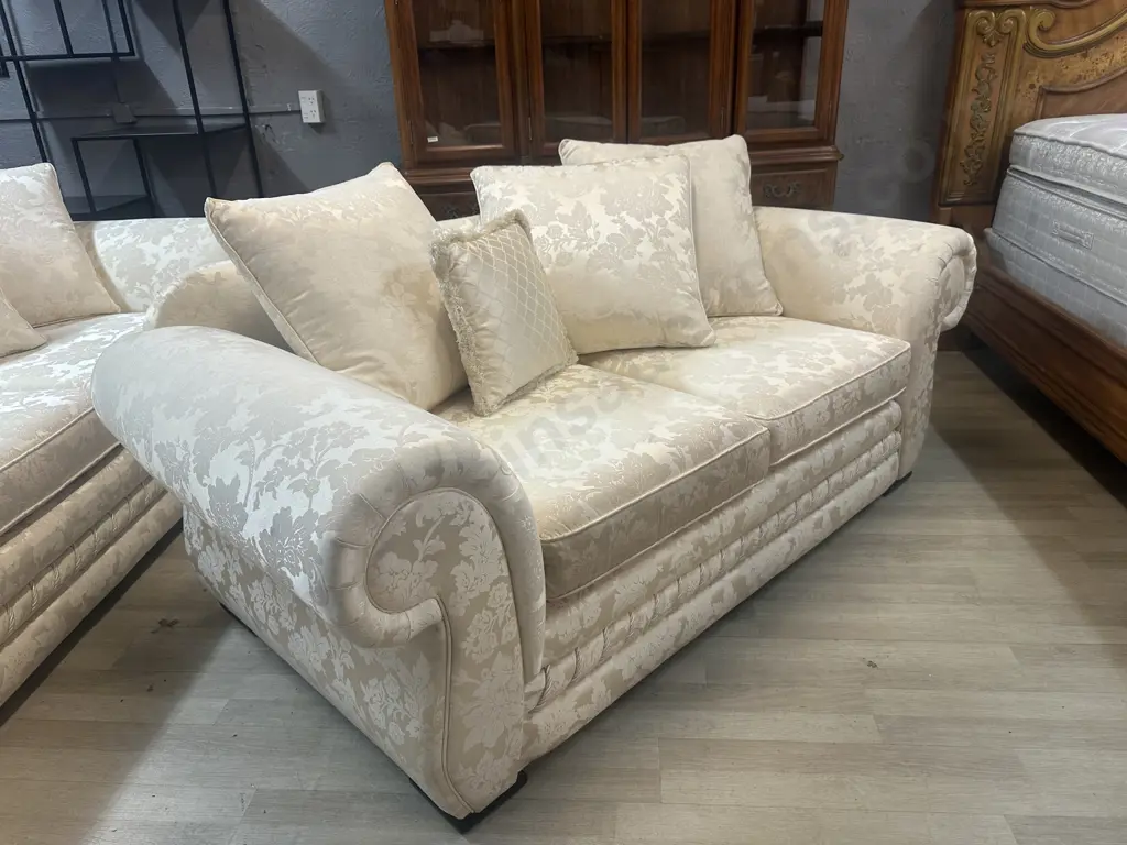 Cream Damask Fabric Rolled Arm 3 Seater & 2 Seater Sofa, Heavy Braiding At Base, Warwick Upholstery Image 1++