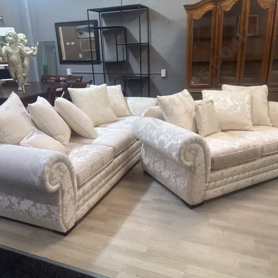 Cream Damask Fabric Rolled Arm 3 Seater & 2 Seater Sofa, Heavy Braiding At Base, Warwick Upholstery