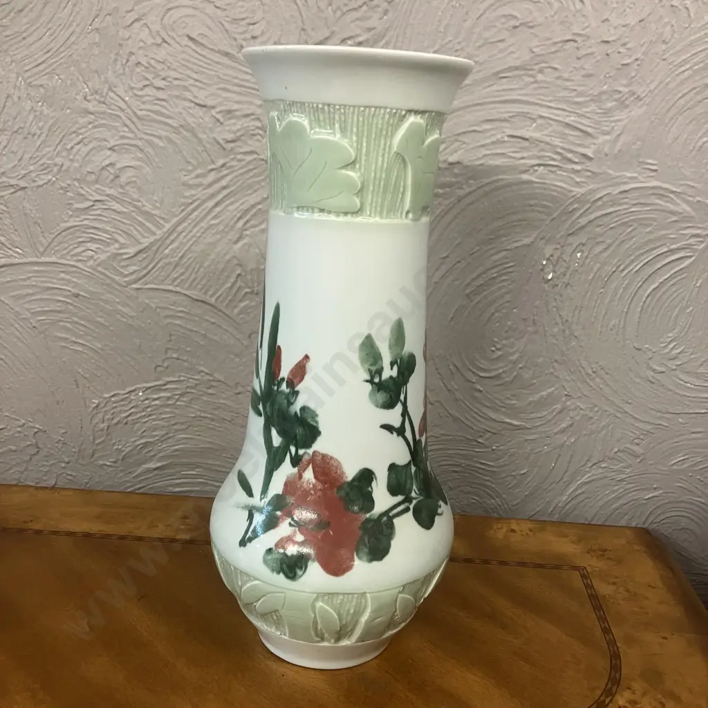 Vintage Chinese Jingdezhen Celadon Vase With Raised Bamboo Pattern & Painted Flowers. H45cm Image 1++