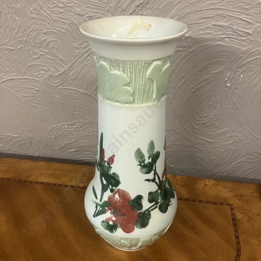 Vintage Chinese Jingdezhen Celadon Vase With Raised Bamboo Pattern & Painted Flowers. H45cm Image 1++