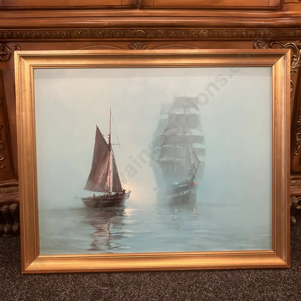 "Night Mists" by Montague Dawson (English,1895-1973) Framed Art Print. 68.5 x 84.5cm Image 1++
