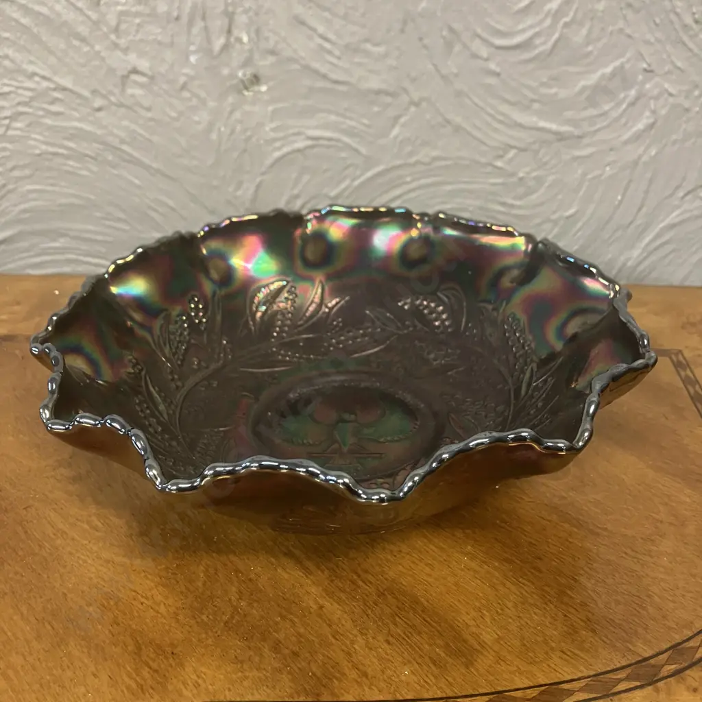 Rare Antique Crown Crystal Shrike Thunderbird Amethyst Carnival Glass Master Bowl (Australian) Early 1900s. 7.5 x 24cm Image 1++