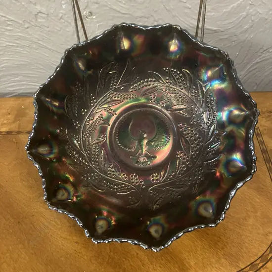 Rare Antique Crown Crystal Shrike Thunderbird Amethyst Carnival Glass Master Bowl (Australian) Early 1900s. 7.5 x 24cm