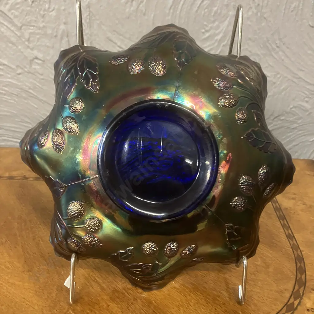 Antique Fenton Blue Peacock & Urn Carnival Glass Bowl, Beaded Berry Exterior, Early 1900s. 6.5 x 22.5cm Image 1++