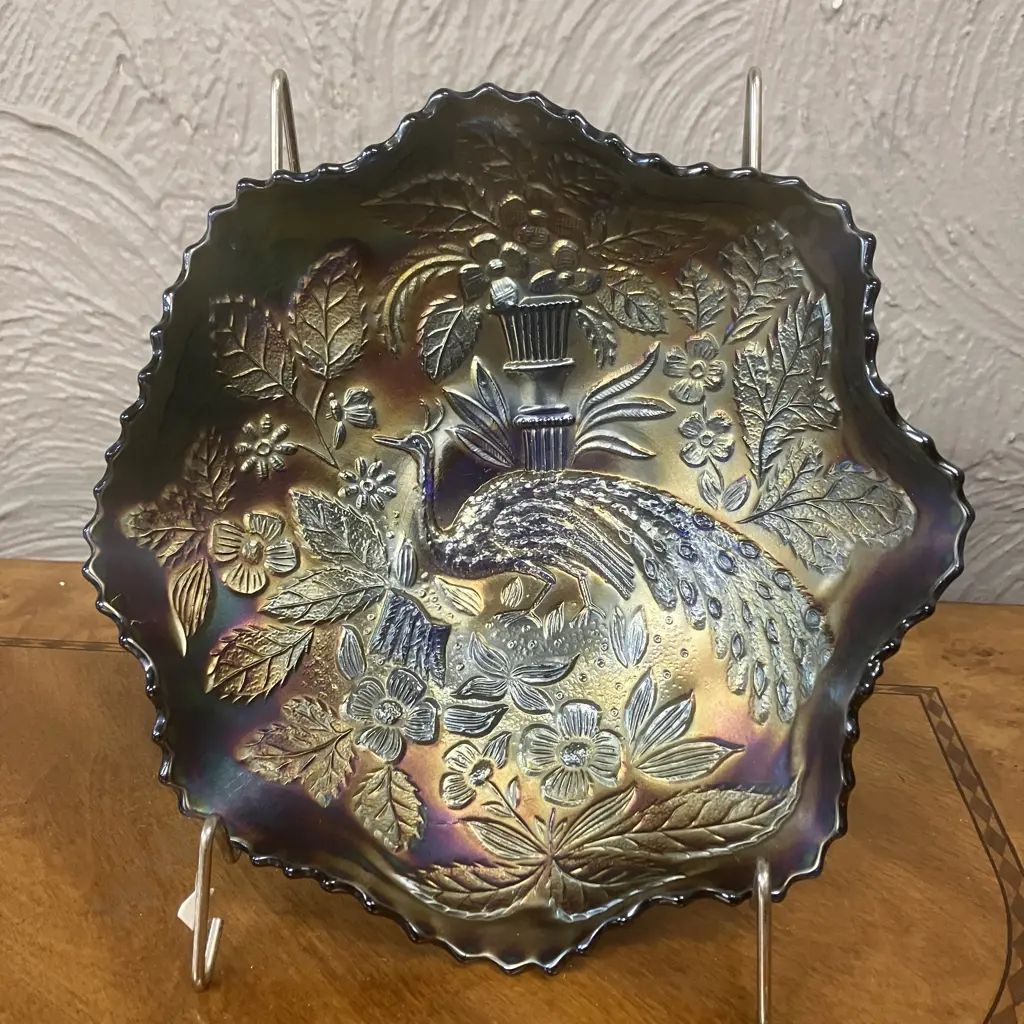 Antique Fenton Blue Peacock & Urn Carnival Glass Bowl, Beaded Berry Exterior, Early 1900s. 6.5 x 22.5cm Image 1++
