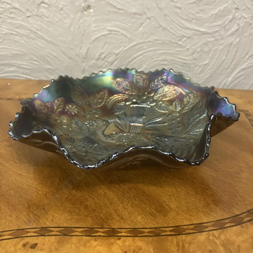 Antique Fenton Blue Peacock & Urn Carnival Glass Bowl, Beaded Berry Exterior, Early 1900s. 6.5 x 22.5cm Image 1++