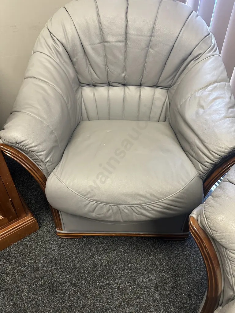 Cortina Original Design Grey Leather 3 Seater Sofa With 2 Armchairs, Ridged Dark Wood Trim Image 1++