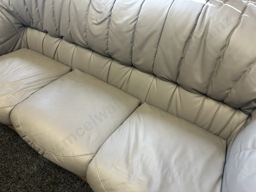 Cortina Original Design Grey Leather 3 Seater Sofa With 2 Armchairs, Ridged Dark Wood Trim Image 1++