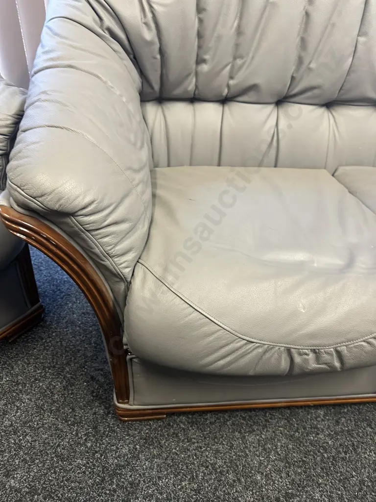 Cortina Original Design Grey Leather 3 Seater Sofa With 2 Armchairs, Ridged Dark Wood Trim Image 1++